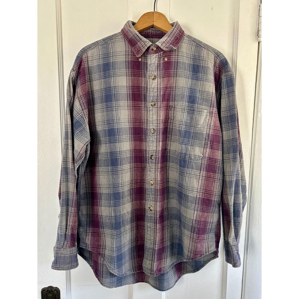 Vintage 90s Grunge Flannel Large | Blue Purple Gray 100% Cotton Plaid Shirt